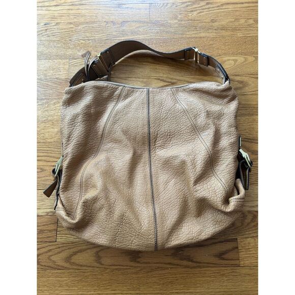 Kooba Hobo Tan Pebbled Leather Hobo Handbag Purse Slouchy Large Zippers
